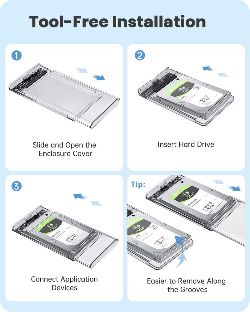 POSUGEAR حافظة قرص صلب خارجي 2.5 بوصة USB 3.0 إلى SATA III بدون أدوات حافظة قرص صلب خارجي واضحة لـ 7mm/9.5mm 2.5 بوصة SSD HDD مع UASP، متوافقة مع WD توشيبا سامسونج PS4 إكس بوكس PC TV - Image 2